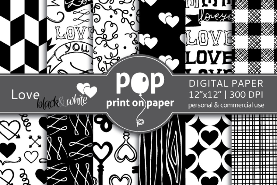 Love Black & White Digital Paper