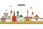 Croatia, Croatia. City skyline: architecture, buildings, streets, silhouette, landscape, panorama, landmarks. Editable strokes. Flat design line vector illustration concept. Isolated icons set