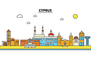 Cyprus, Cyprus. City skyline: architecture, buildings, streets, silhouette, landscape, panorama, landmarks. Editable strokes. Flat design line vector illustration concept. Isolated icons set