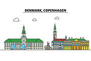 Denmark, Copenhagen. City skyline: architecture, buildings, streets, silhouette, landscape, panorama, landmarks. Editable strokes. Flat design line vector illustration concept. Isolated icons set