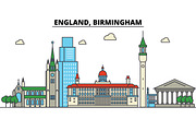 England, Birmingham. City skyline: architecture, buildings, streets, silhouette, landscape, panorama, landmarks. Editable strokes. Flat design line vector illustration concept. Isolated icons set