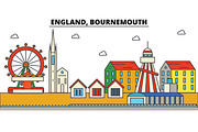 England, Bournemouth. City skyline: architecture, buildings, streets, silhouette, landscape, panorama, landmarks. Editable strokes. Flat design line vector illustration concept. Isolated icons set