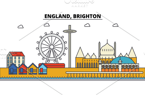 England, Brighton. City skyline: architecture, buildings, streets, silhouette, landscape, panorama, landmarks. Editable strokes. Flat design line vector illustration concept. Isolated icons set