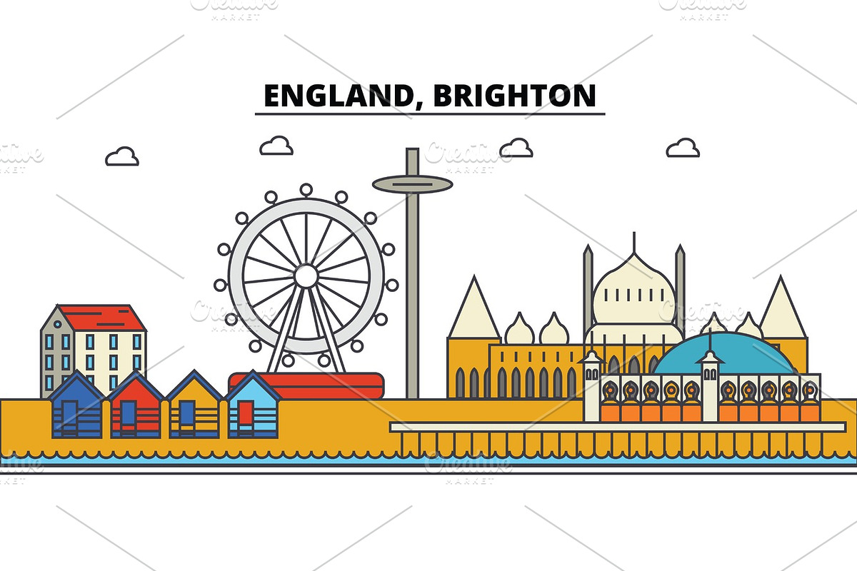 England, Brighton. City skyline: architecture, buildings, streets, silhouette, landscape, panorama, landmarks. Editable strokes. Flat design line vector illustration concept. Isolated icons set in Illustrations - product preview 8