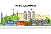 Pakistan, Islamabad. City skyline: architecture, buildings, streets, silhouette, landscape, panorama, landmarks. Editable strokes. Flat design line vector illustration concept. Isolated icons set