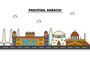 Pakistan, Karachi. City skyline: architecture, buildings, streets, silhouette, landscape, panorama, landmarks. Editable strokes. Flat design line vector illustration concept. Isolated icons set