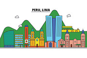 Peru, Lima. City skyline: architecture, buildings, streets, silhouette, landscape, panorama, landmarks. Editable strokes. Flat design line vector illustration concept. Isolated icons set