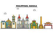 Philippines, Manila. City skyline: architecture, buildings, streets, silhouette, landscape, panorama, landmarks. Editable strokes. Flat design line vector illustration concept. Isolated icons set