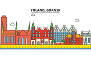 Poland, Gdansk. City skyline: architecture, buildings, streets, silhouette, landscape, panorama, landmarks. Editable strokes. Flat design line vector illustration concept. Isolated icons set