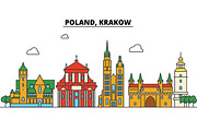Poland, Krakow. City skyline: architecture, buildings, streets, silhouette, landscape, panorama, landmarks. Editable strokes. Flat design line vector illustration concept. Isolated icons set