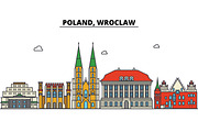 Poland, Wroclaw. City skyline: architecture, buildings, streets, silhouette, landscape, panorama, landmarks. Editable strokes. Flat design line vector illustration concept. Isolated icons set