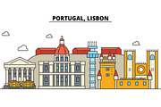 Portugal, Lisbon. City skyline: architecture, buildings, streets, silhouette, landscape, panorama, landmarks. Editable strokes. Flat design line vector illustration concept. Isolated icons set