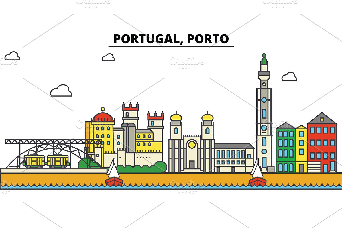 Portugal, Porto. City skyline: architecture, buildings, streets, silhouette, landscape, panorama, landmarks. Editable strokes. Flat design line vector illustration concept. Isolated icons set in Illustrations - product preview 8
