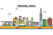 Portugal, Porto. City skyline: architecture, buildings, streets, silhouette, landscape, panorama, landmarks. Editable strokes. Flat design line vector illustration concept. Isolated icons set