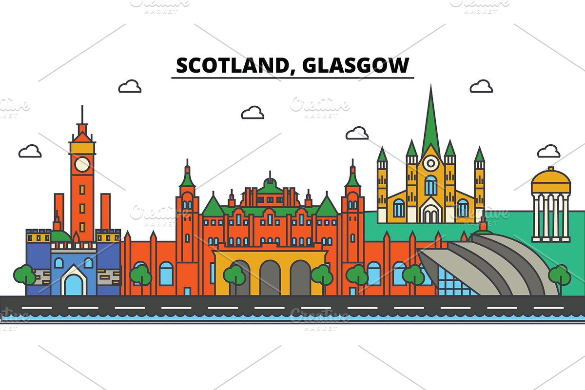 Scotland, Glasgow. City skyline: architecture, buildings, streets, silhouette, landscape, panorama, landmarks. Editable strokes. Flat design line vector illustration concept. Isolated icons set in Illustrations - product preview 8