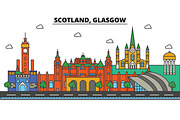 Scotland, Glasgow. City skyline: architecture, buildings, streets, silhouette, landscape, panorama, landmarks. Editable strokes. Flat design line vector illustration concept. Isolated icons set