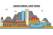 South Africa, Cape Town. City skyline: architecture, buildings, streets, silhouette, landscape, panorama, landmarks. Editable strokes. Flat design line vector illustration concept. Isolated icons set