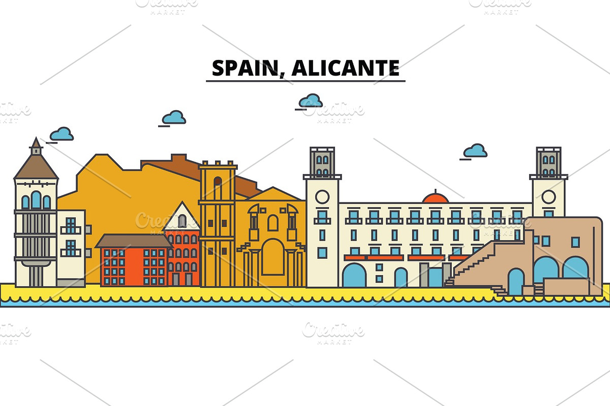 Spain, Alicante. City skyline: architecture, buildings, streets, silhouette, landscape, panorama, landmarks. Editable strokes. Flat design line vector illustration concept. Isolated icons set in Illustrations - product preview 8