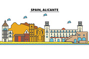 Spain, Alicante. City skyline: architecture, buildings, streets, silhouette, landscape, panorama, landmarks. Editable strokes. Flat design line vector illustration concept. Isolated icons set