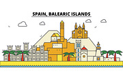 Spain, Balearis Islands. City skyline: architecture, buildings, streets, silhouette, landscape, panorama, landmarks. Editable strokes. Flat design line vector illustration concept. Isolated icons set