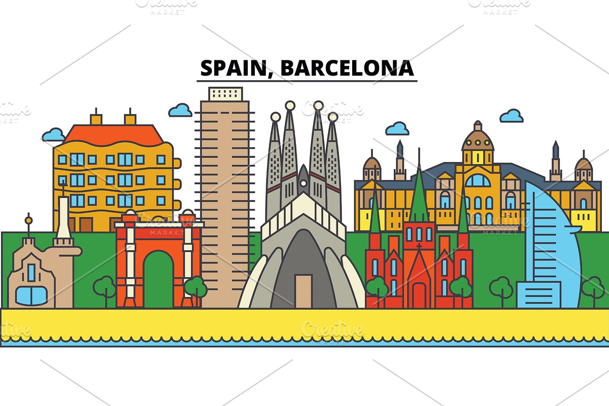 Spain, Barcelona. City skyline: architecture, buildings, streets, silhouette, landscape, panorama, landmarks. Editable strokes. Flat design line vector illustration concept. Isolated icons set in Illustrations - product preview 8