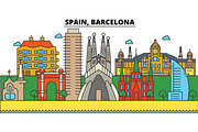 Spain, Barcelona. City skyline: architecture, buildings, streets, silhouette, landscape, panorama, landmarks. Editable strokes. Flat design line vector illustration concept. Isolated icons set