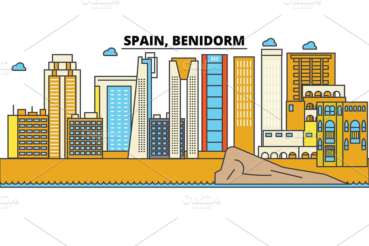 Spain, Benidorm. City skyline: architecture, buildings, streets, silhouette, landscape, panorama, landmarks. Editable strokes. Flat design line vector illustration concept. Isolated icons set in Illustrations - product preview 8