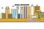 Spain, Benidorm. City skyline: architecture, buildings, streets, silhouette, landscape, panorama, landmarks. Editable strokes. Flat design line vector illustration concept. Isolated icons set