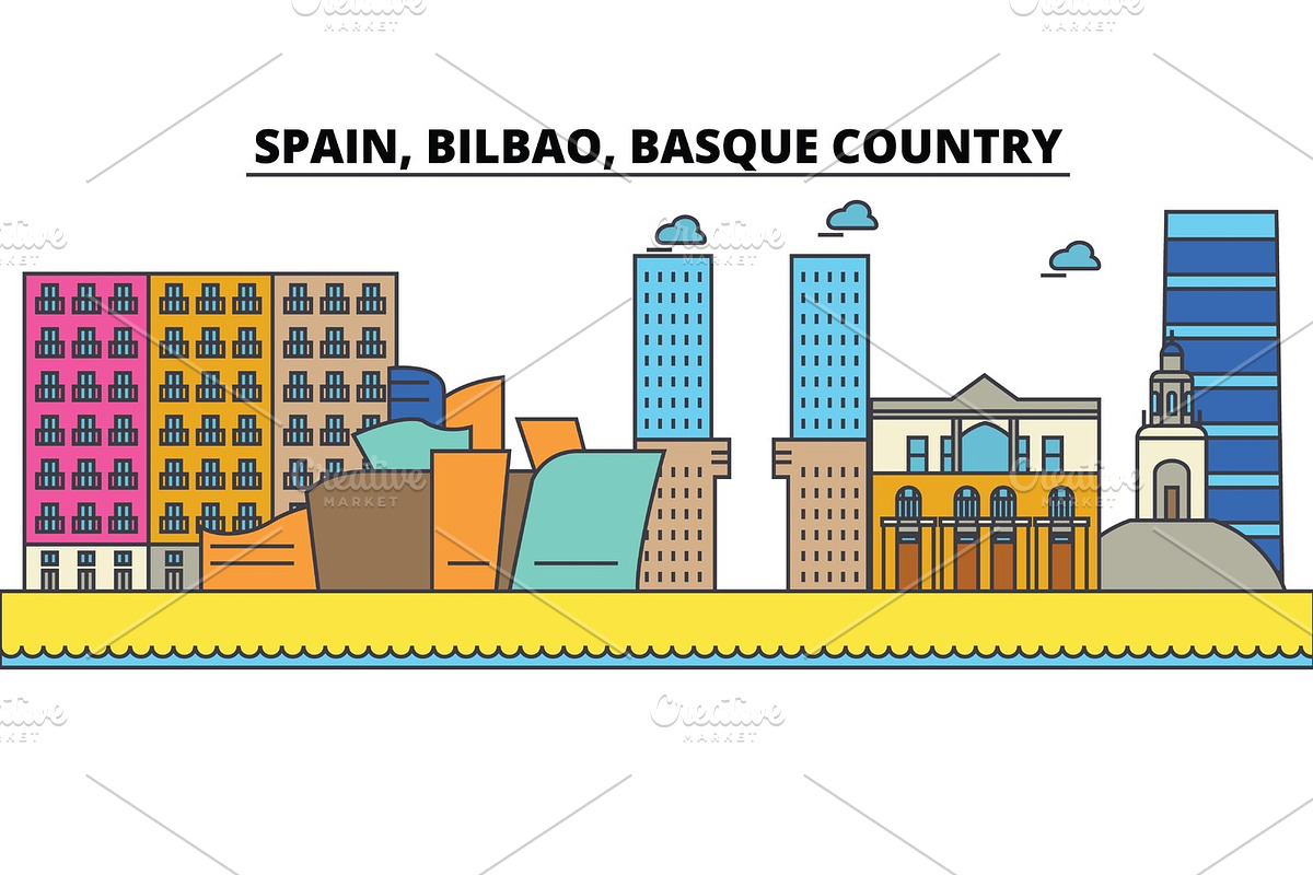 Spain, Bilbao, Basque Country. City skyline: architecture, buildings, streets, silhouette, landscape, panorama, landmarks. Editable strokes. Flat design line vector illustration. Isolated icons set in Illustrations - product preview 8