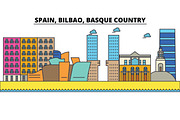 Spain, Bilbao, Basque Country. City skyline: architecture, buildings, streets, silhouette, landscape, panorama, landmarks. Editable strokes. Flat design line vector illustration. Isolated icons set