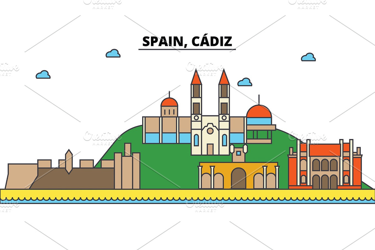 Spain, Cadiz. City skyline: architecture, buildings, streets, silhouette, landscape, panorama, landmarks. Editable strokes. Flat design line vector illustration concept. Isolated icons set in Illustrations - product preview 8