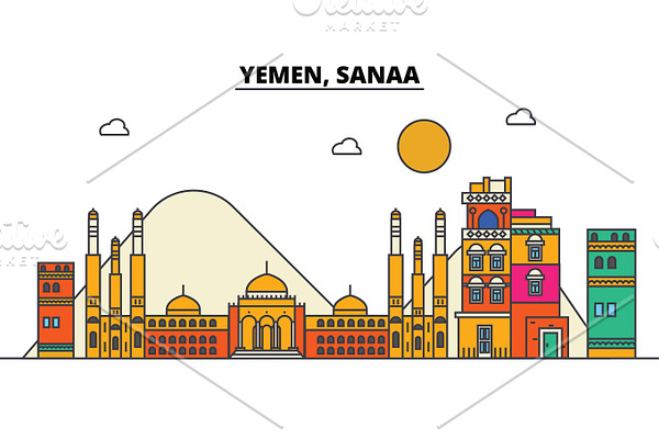 Yemen, Sanaa. City skyline: architecture, buildings, streets, silhouette, landscape, panorama, landmarks. Editable strokes. Flat design line vector illustration concept. Isolated icons set