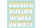 Festive luxury alphabet letters with glamour golden glitter confetti