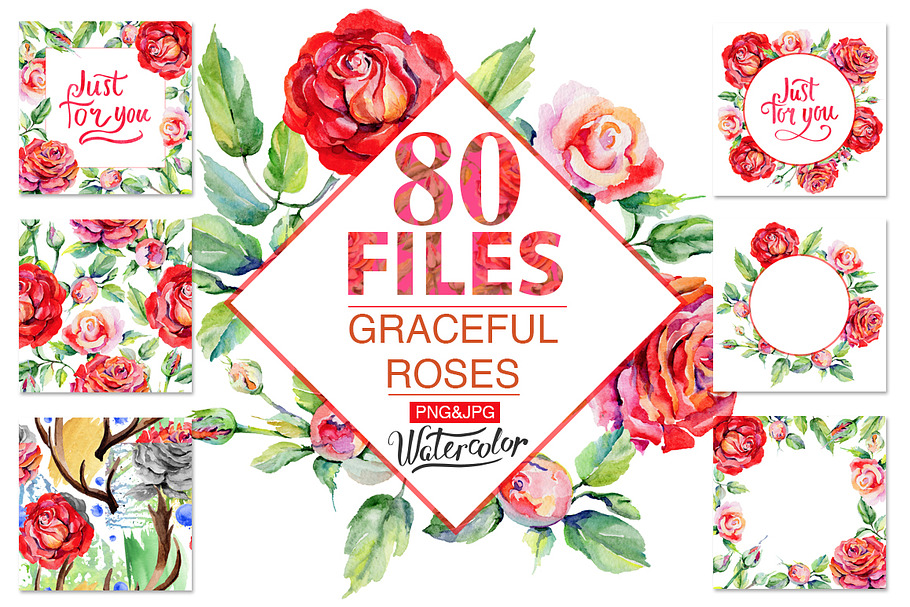Roses PNG watercolor flower set in Illustrations - product preview 8