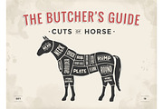 Cut of meat set. Poster Butcher diagram, scheme - Horse