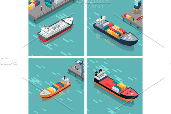 Set of Cargo or Container Ship Unloading Goods