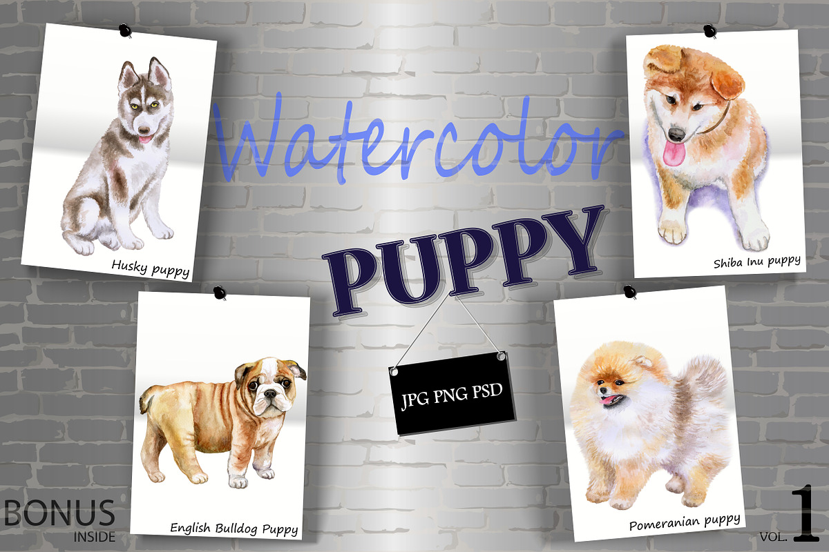 Watercolor Cute Puppies - Set 1 of 2 in Illustrations - product preview 8