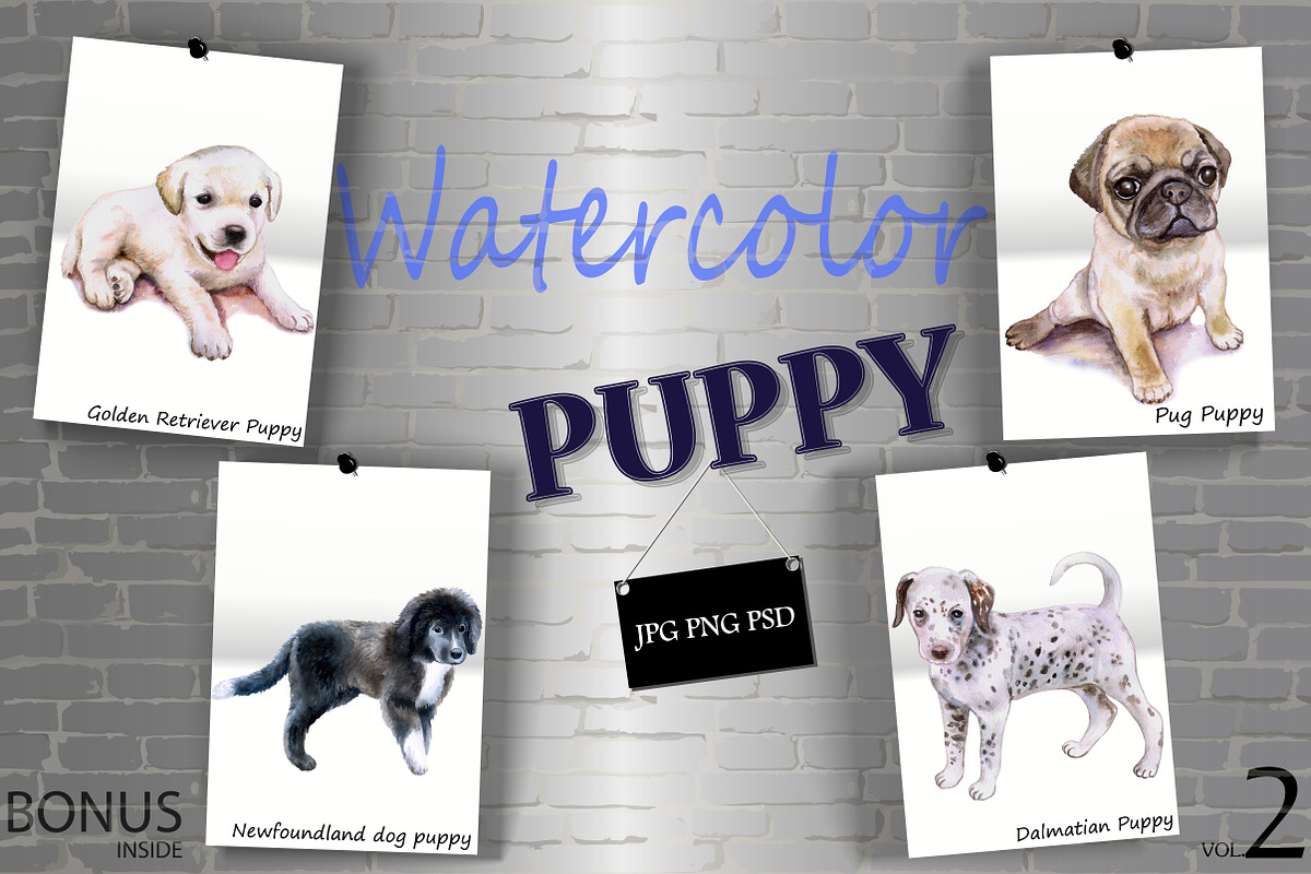 Watercolor Cute Puppies - Set 2 of 2 in Illustrations - product preview 8