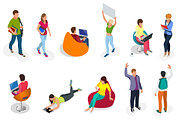 Isometric set of students with gadgets and books. Isometric young people, teenagers and students. Learning, education and school concept. on white background isolated.