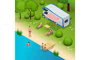 RV camper in camping, family vacation travel