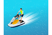 Young Man on Jet Ski, Tropical Ocean. 