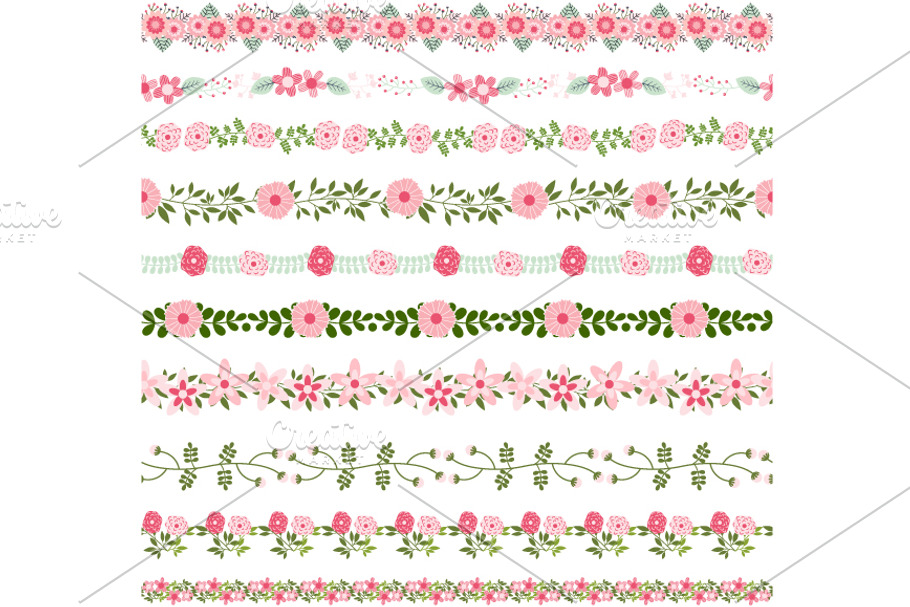 Pink flower border, floral divider 