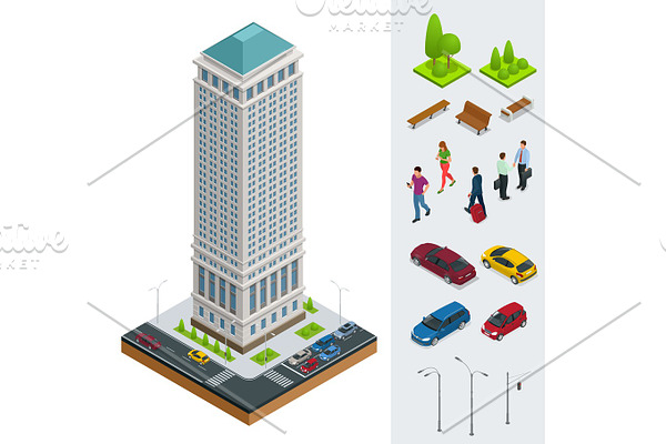 Isometric City modern flat buildings. Financial district. Set of vector tall building, trees, benches, businessman, cars on a white background