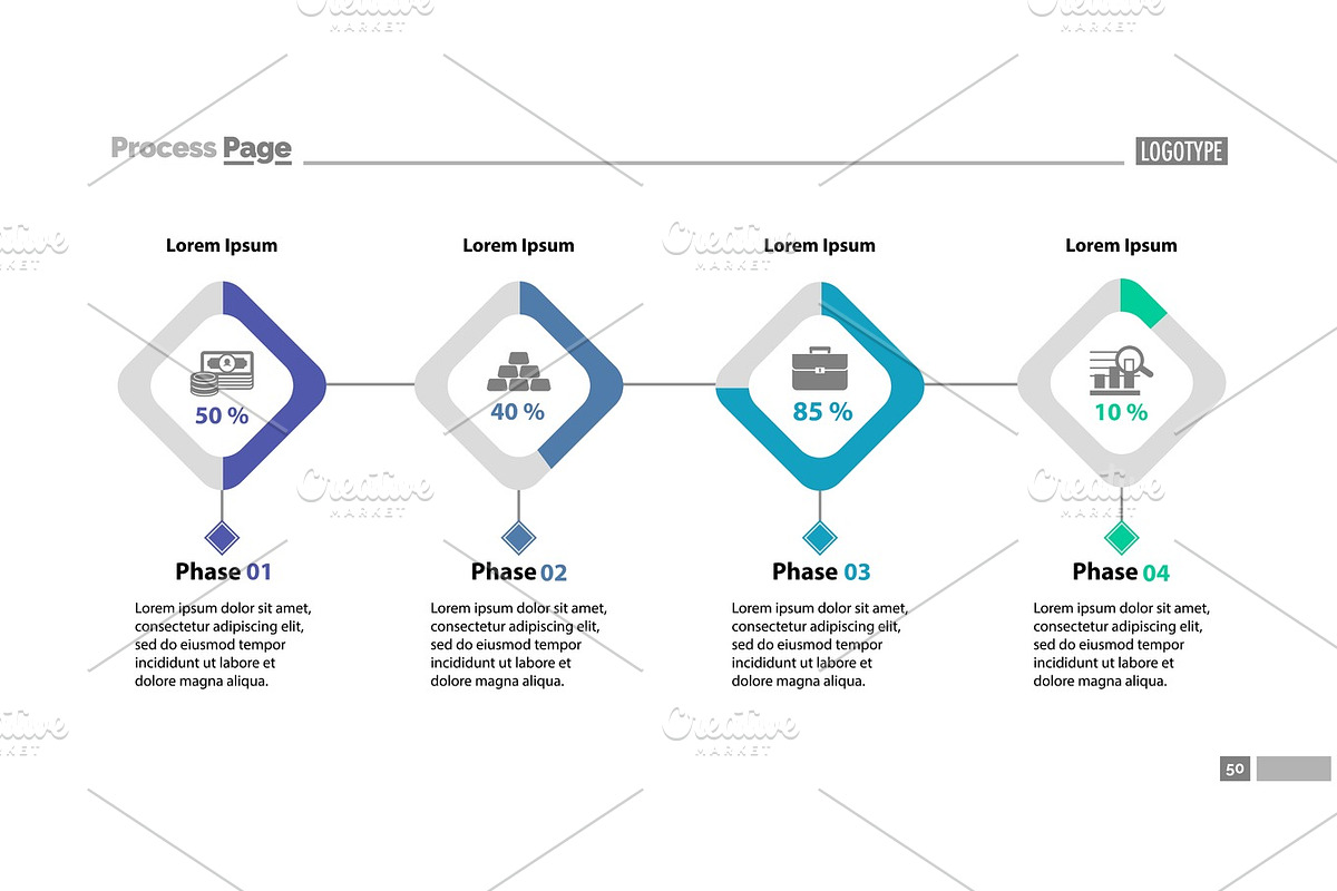 Four phase process chart slide template in Textures - product preview 8