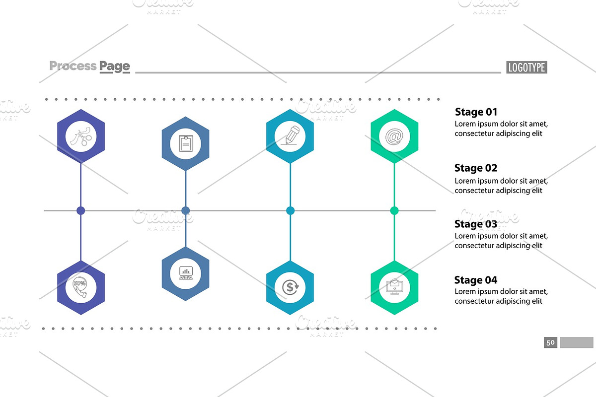 Four stages flow chart slide template in Textures - product preview 8
