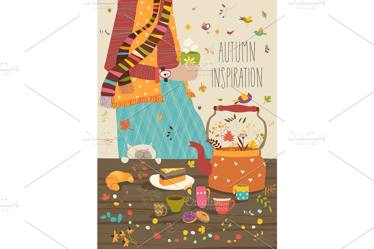 Girl is drinking tea at the table warming in cold weather in Illustrations - product preview 8