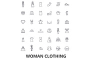 Woman clothing, clothes, fashion, girl, dress, shopping, closet, shoes, style line icons. Editable strokes. Flat design vector illustration symbol concept. Linear signs isolated