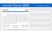 2018 calendar Print Template Week Starts Sunday Portrait Orientation Set of 12 Months Planner for 2018 Year
