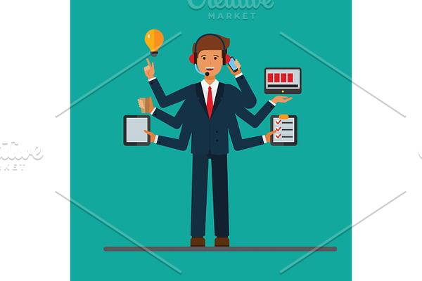 Multitasking successfull businessman at work in business office. Vector concept illustration