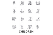 Children, kids, playing, baby, family, happy, girl, boy, teenager, playground line icons. Editable strokes. Flat design vector illustration symbol concept. Linear signs isolated